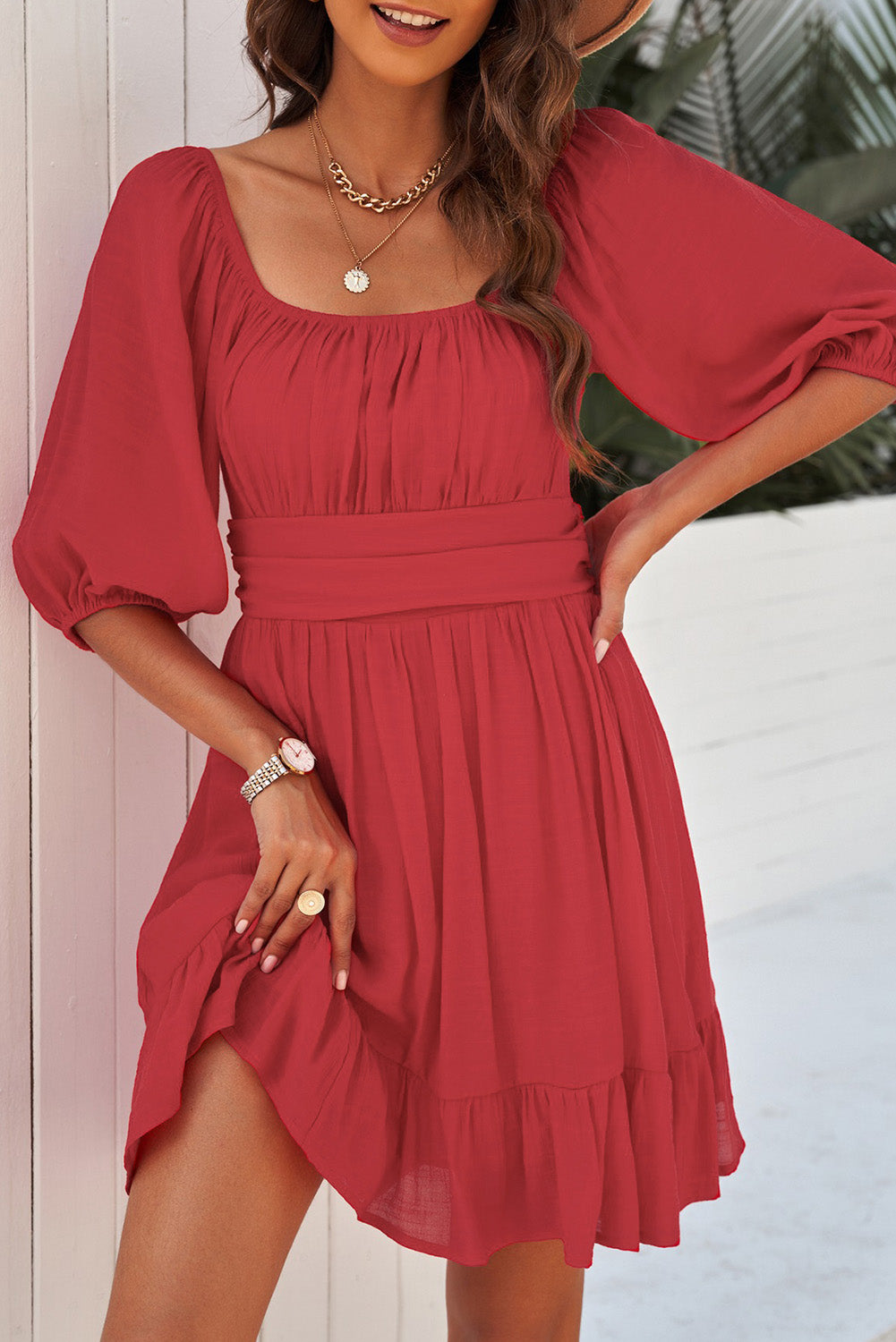 Tie-Back Ruffled Hem Square Neck Mini Dress