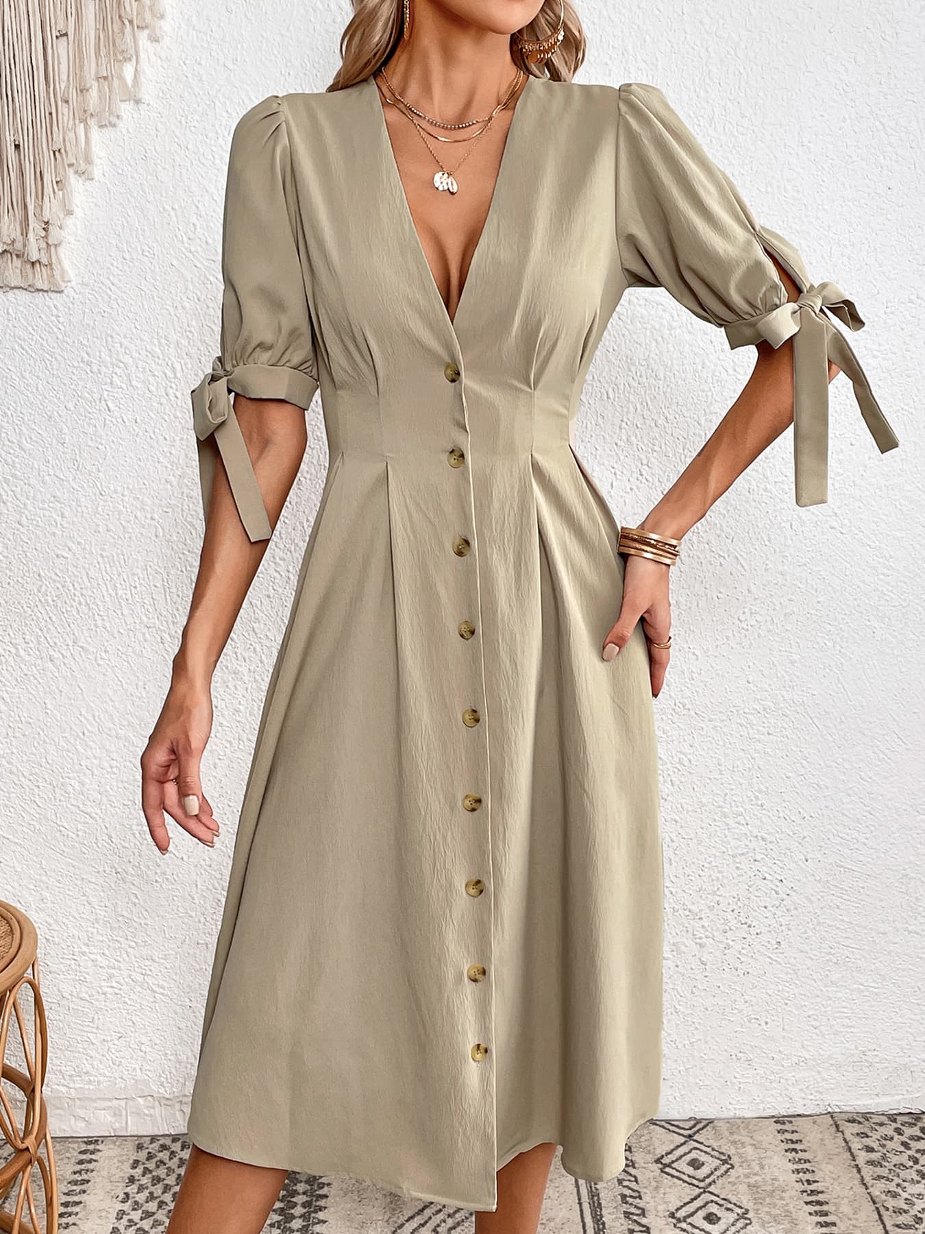 Tie Cuff Deep V Button Down Dress