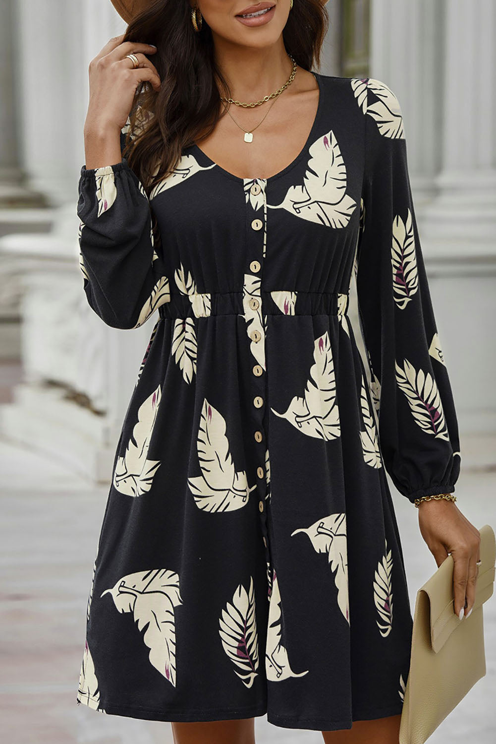 Printed Buttoned Long Sleeve Slit Dress