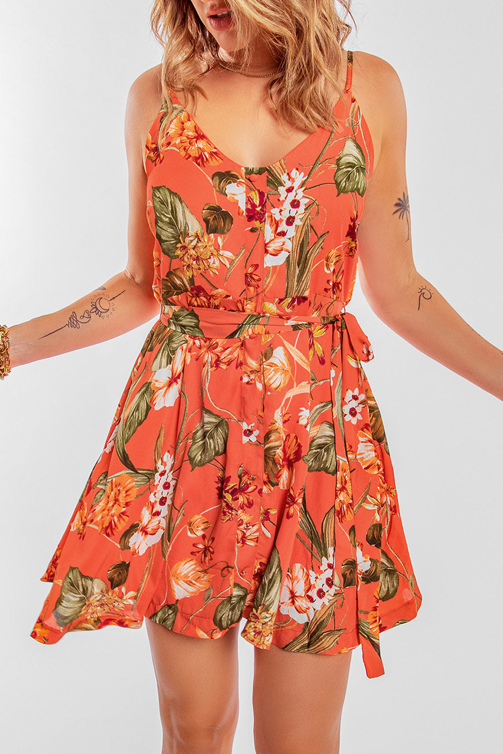 Floral Spaghetti Strap Tie Waist Dress