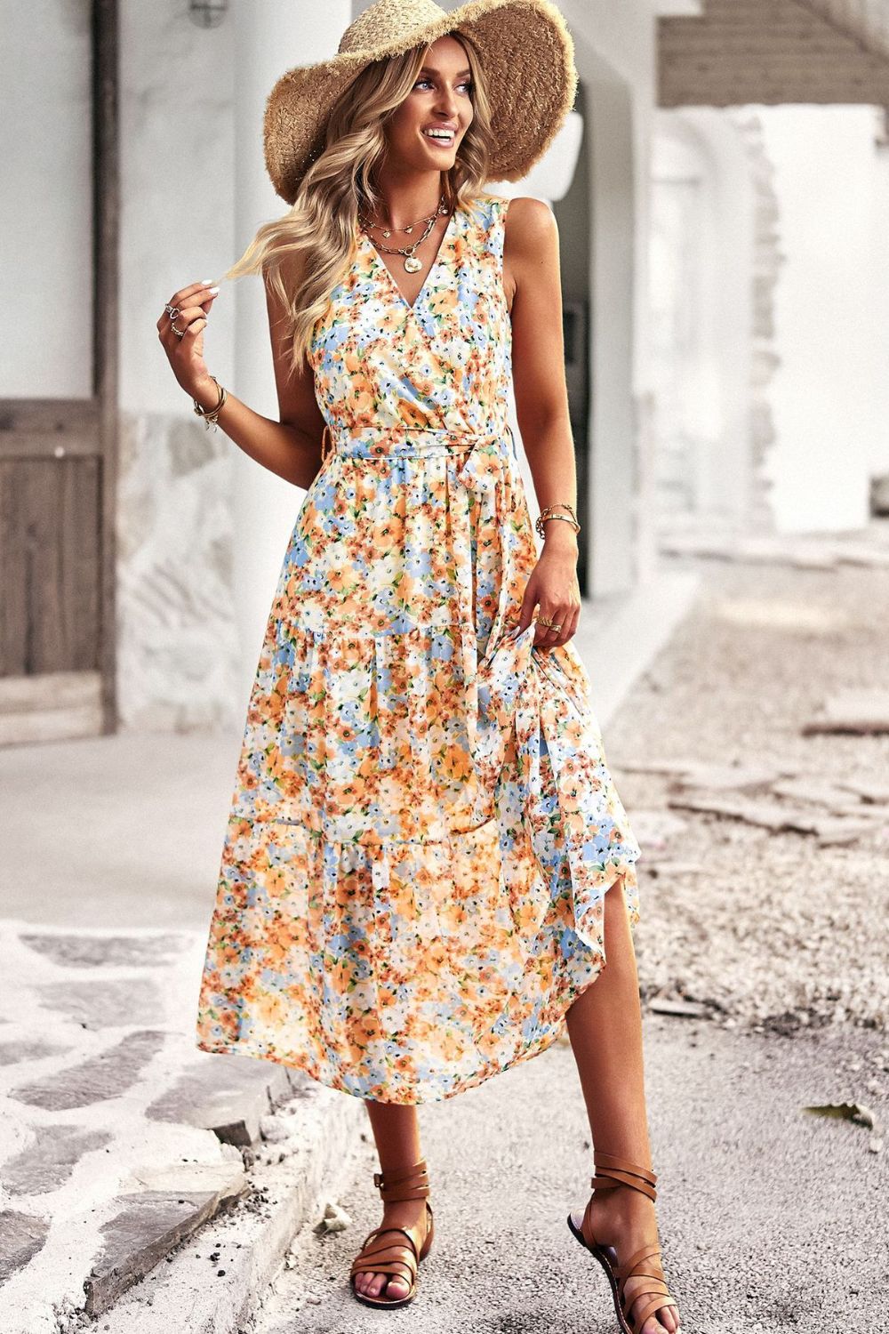 Floral Belted Surplice Sleeveless Tiered Dress