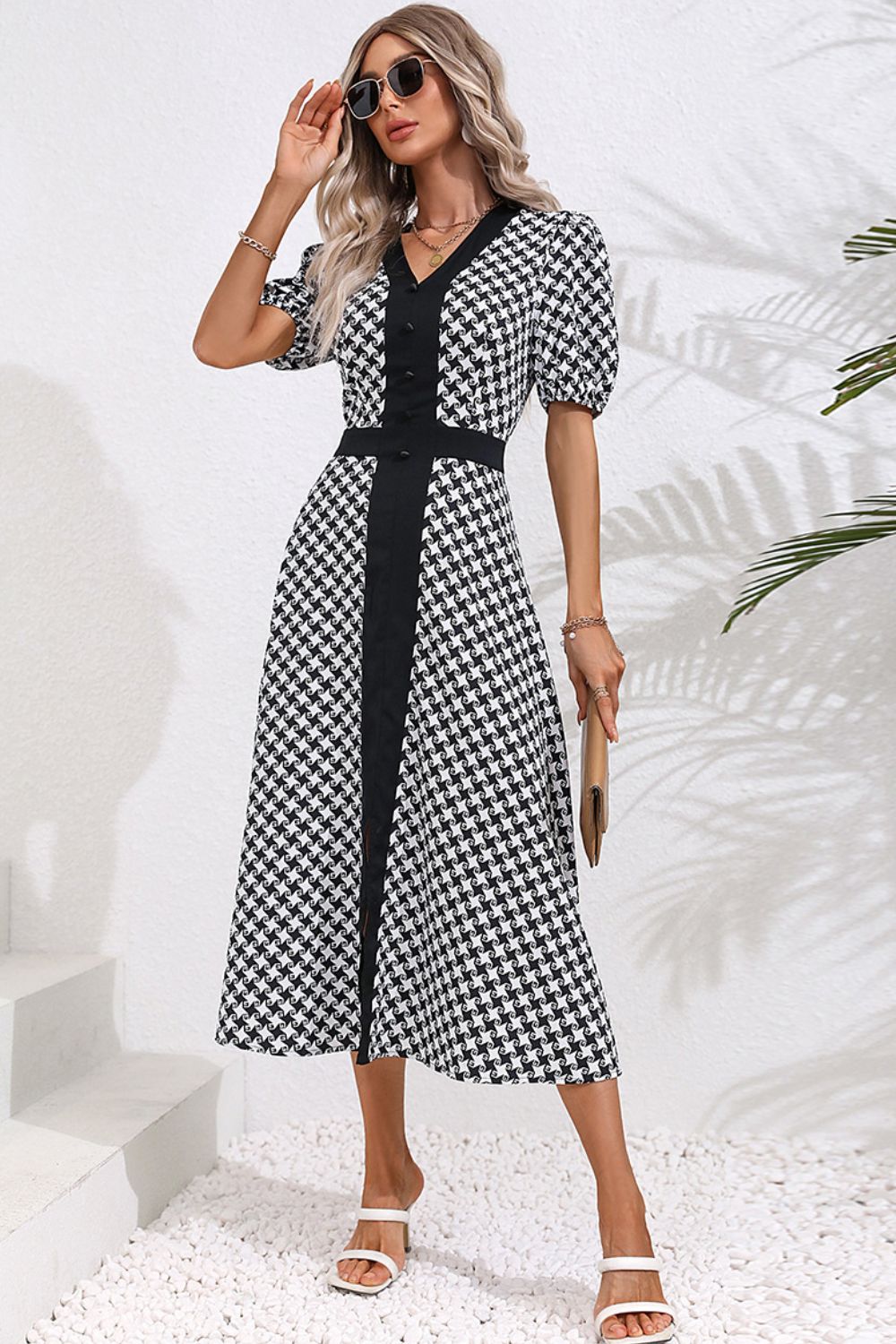 Printed Decorative Button V-Neck Slit Dress