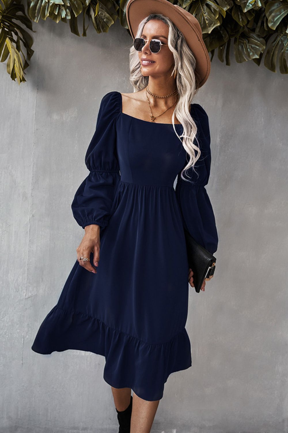 Square Neck Ruffle Hem Long Bubble Sleeve Midi Dress