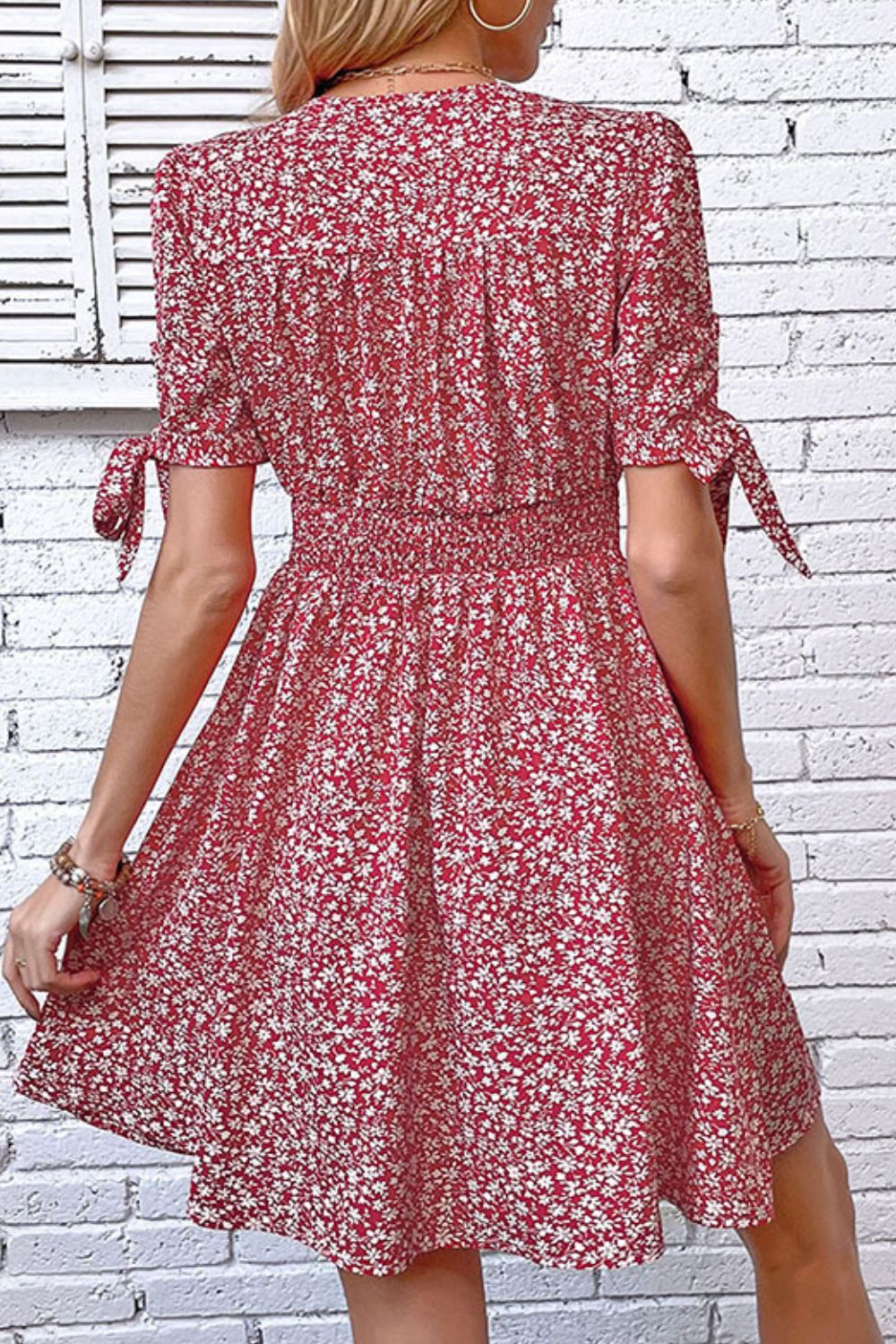 Ditsy Floral Tied Puff Sleeve Button Front Dress