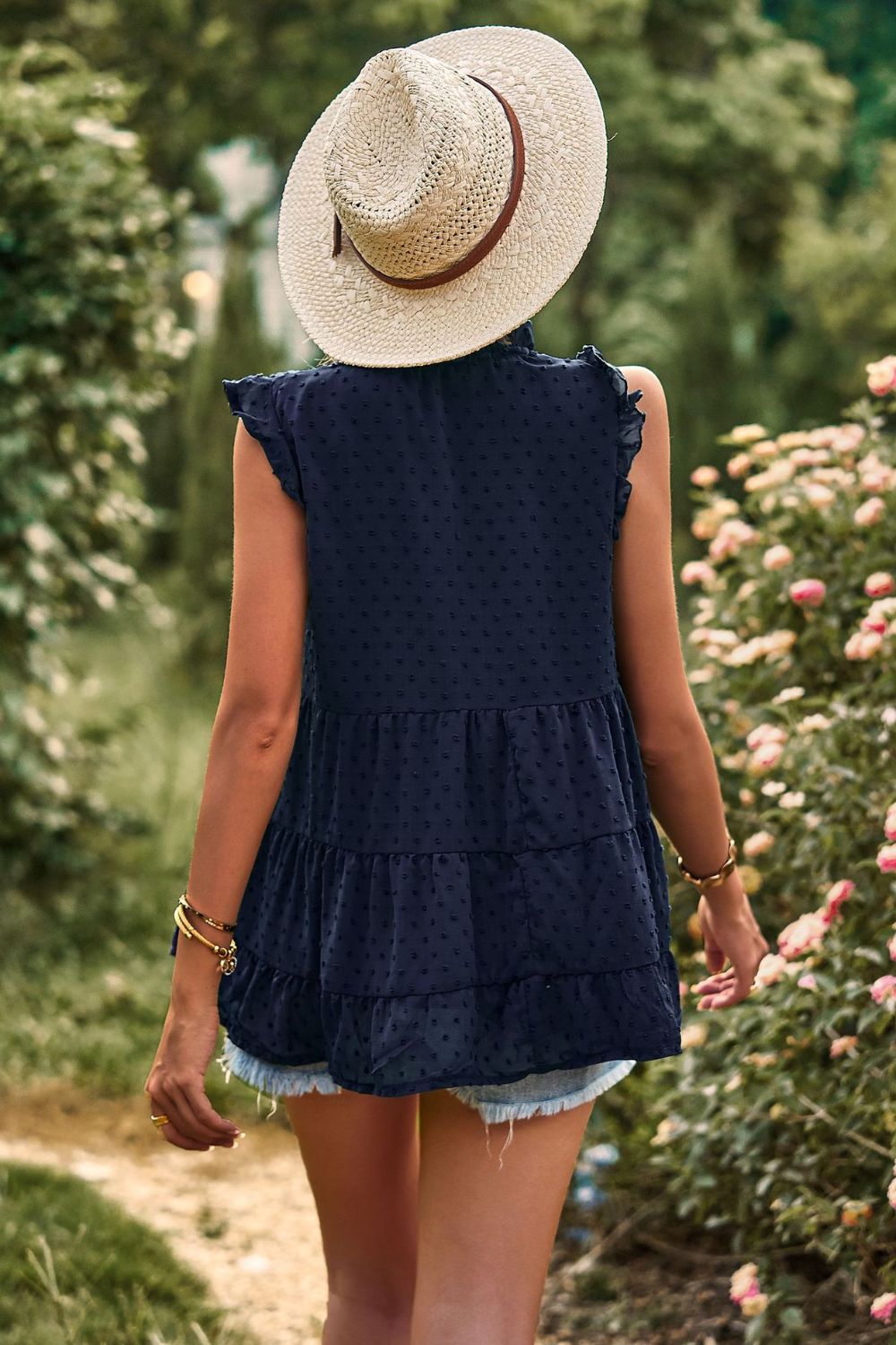 Swiss Dot Ruffle Shoulder Tiered Top