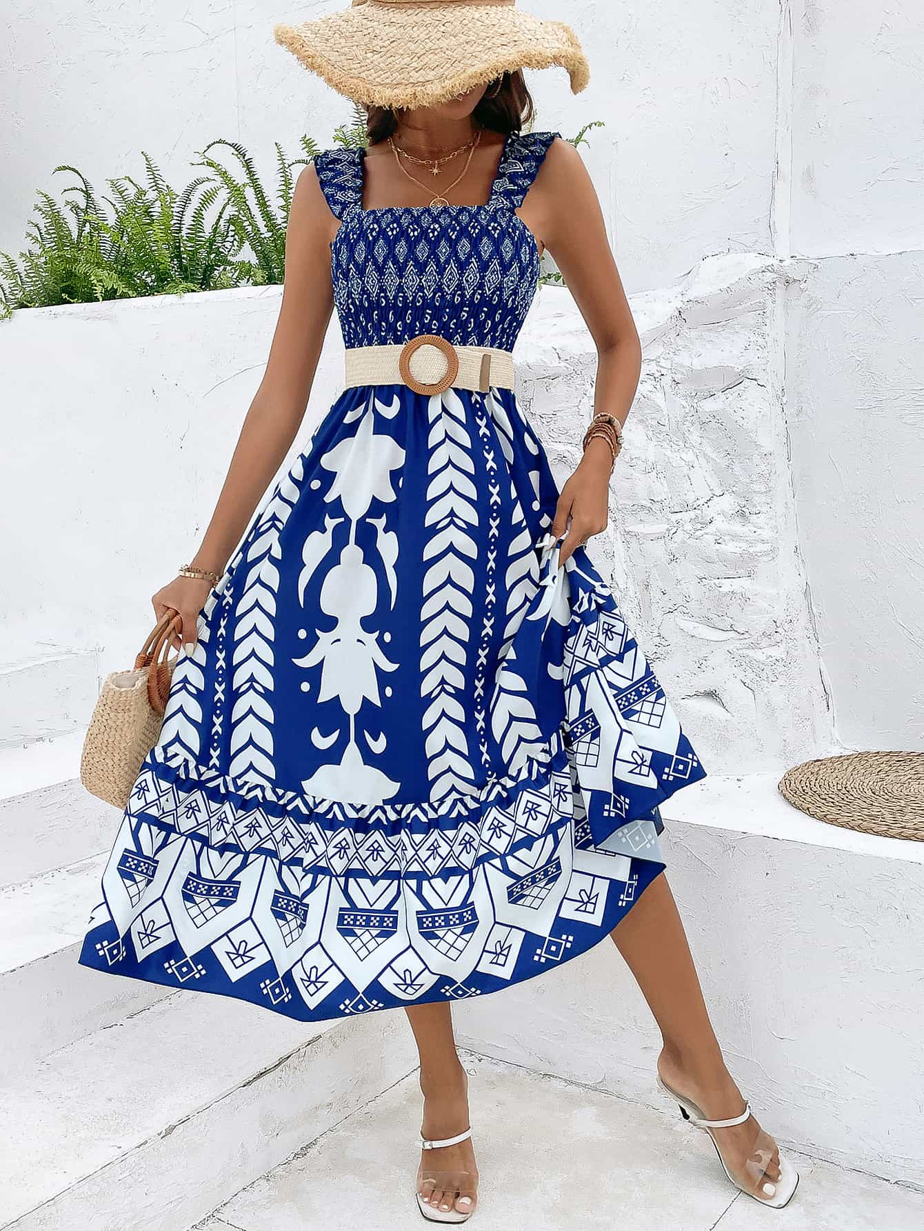 Printed Square Neck Sleeveless Midi Dress