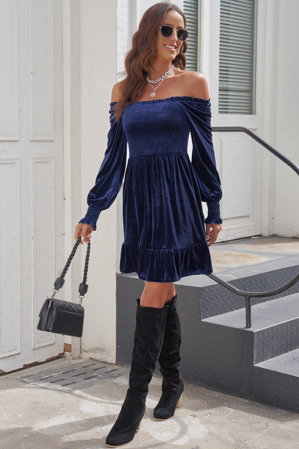 Off-Shoulder Smocked Ruffle Hem Dress