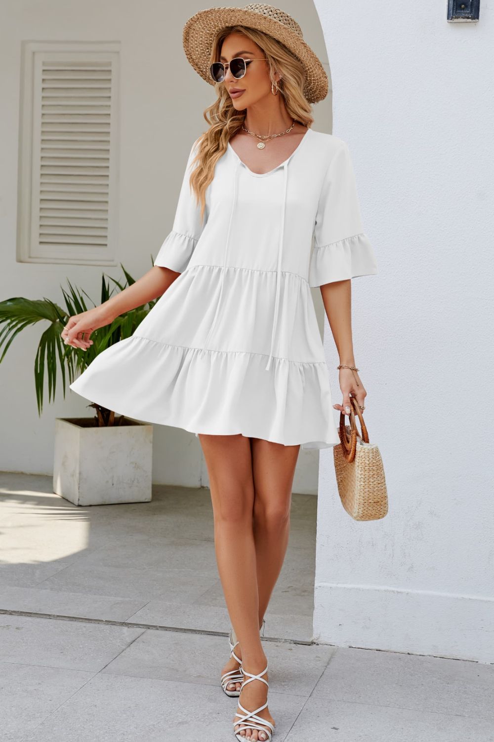 Tied Flounce Sleeve Mini Dress