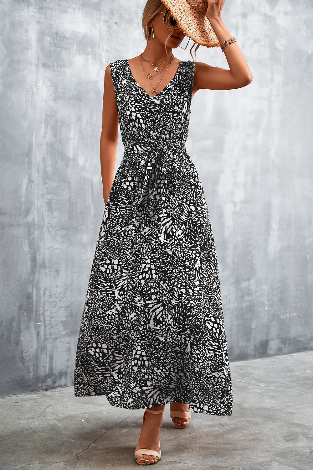 Printed V-Neck Tie Waist Maxi Dress