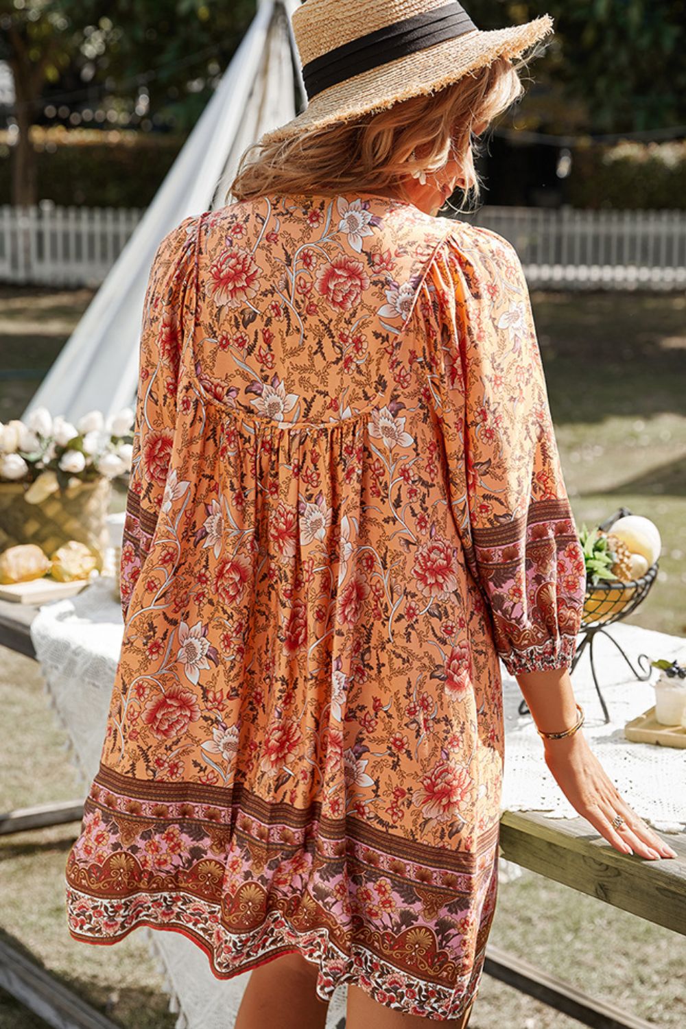 Bohemian Tie Neck Balloon Sleeve Dress