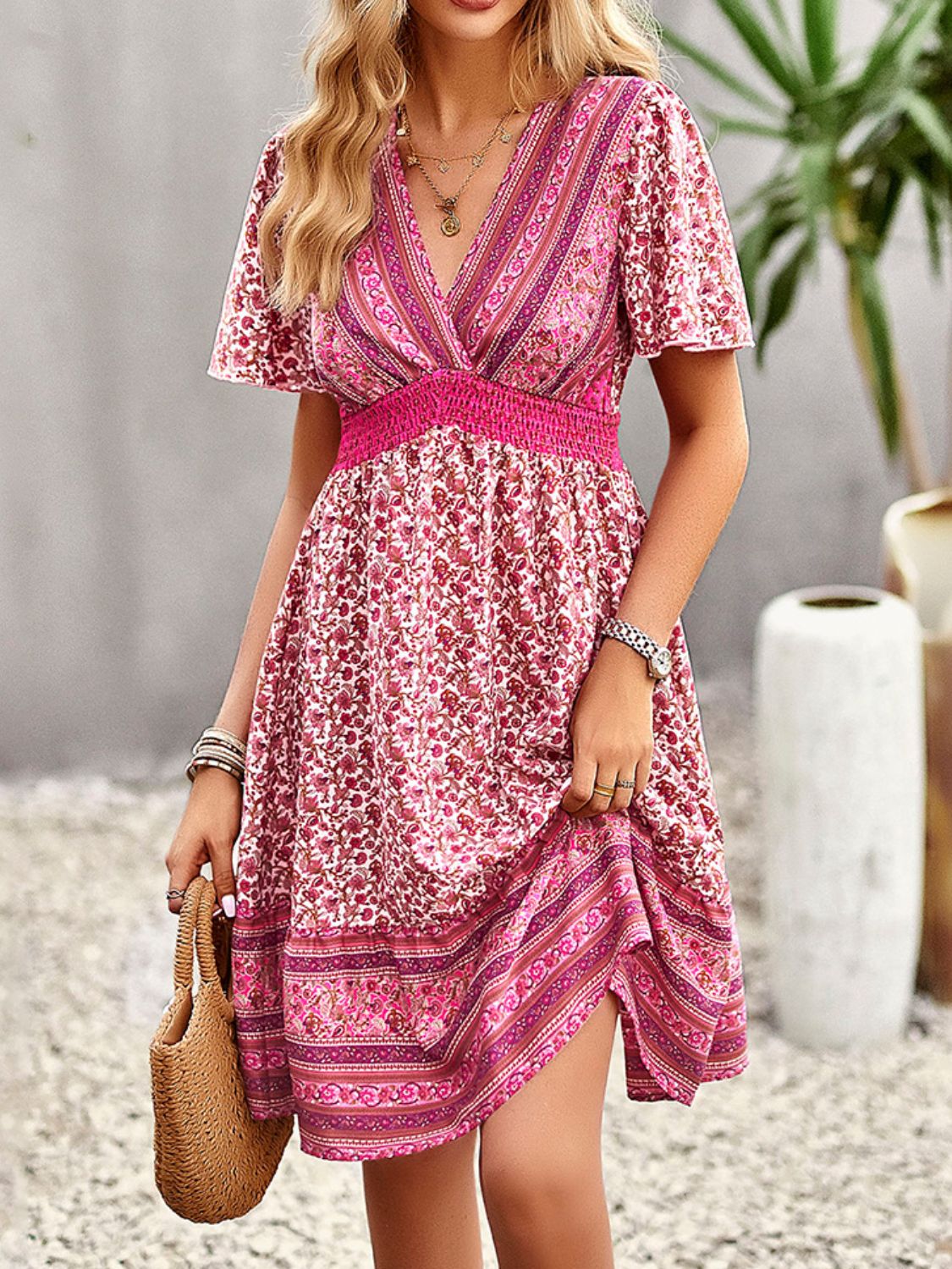 Floral Print Bohemian Style V-Neck Flutter Sleeve Dress