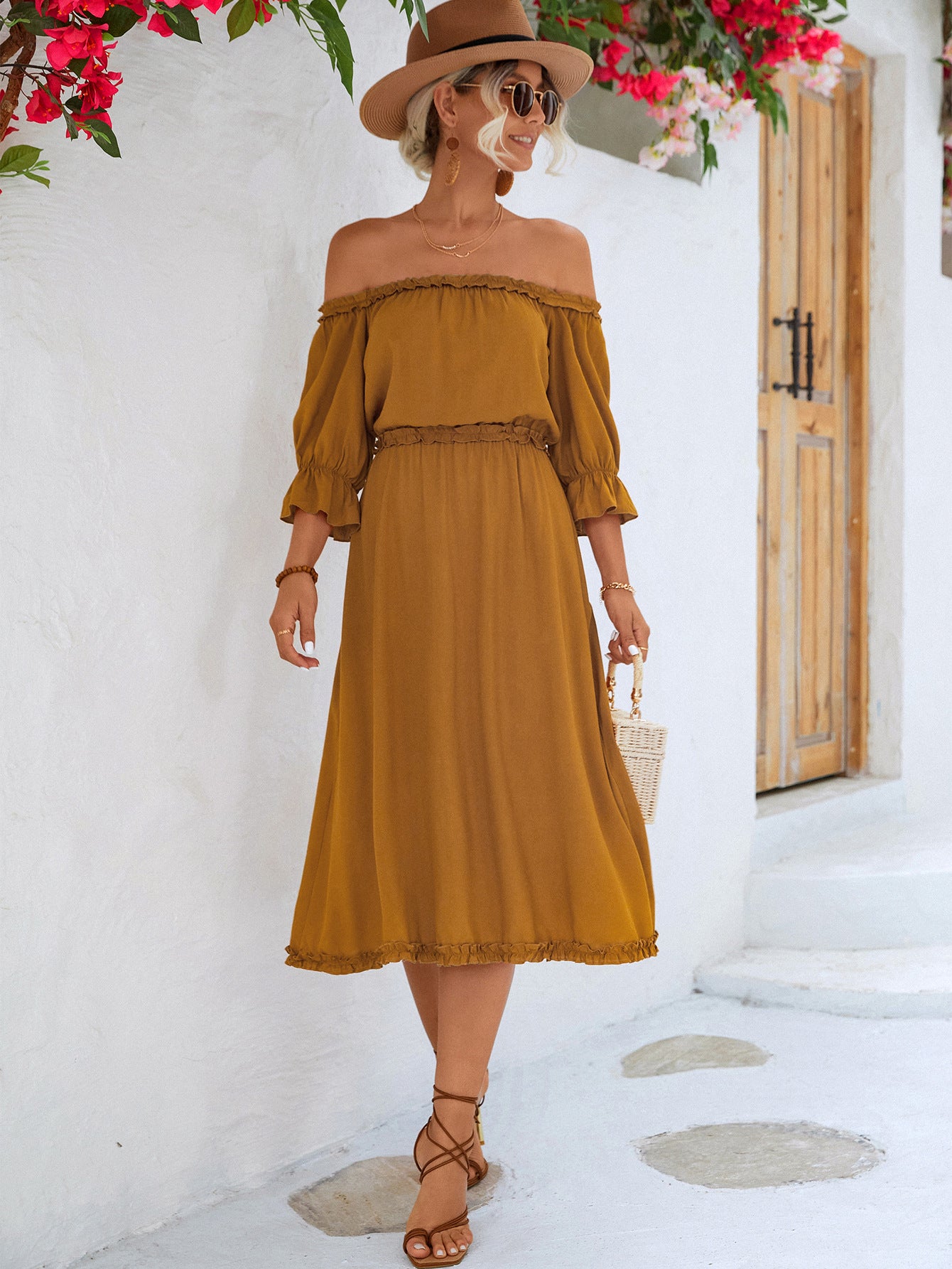 Frilled Off-Shoulder Flounce Sleeve Dress