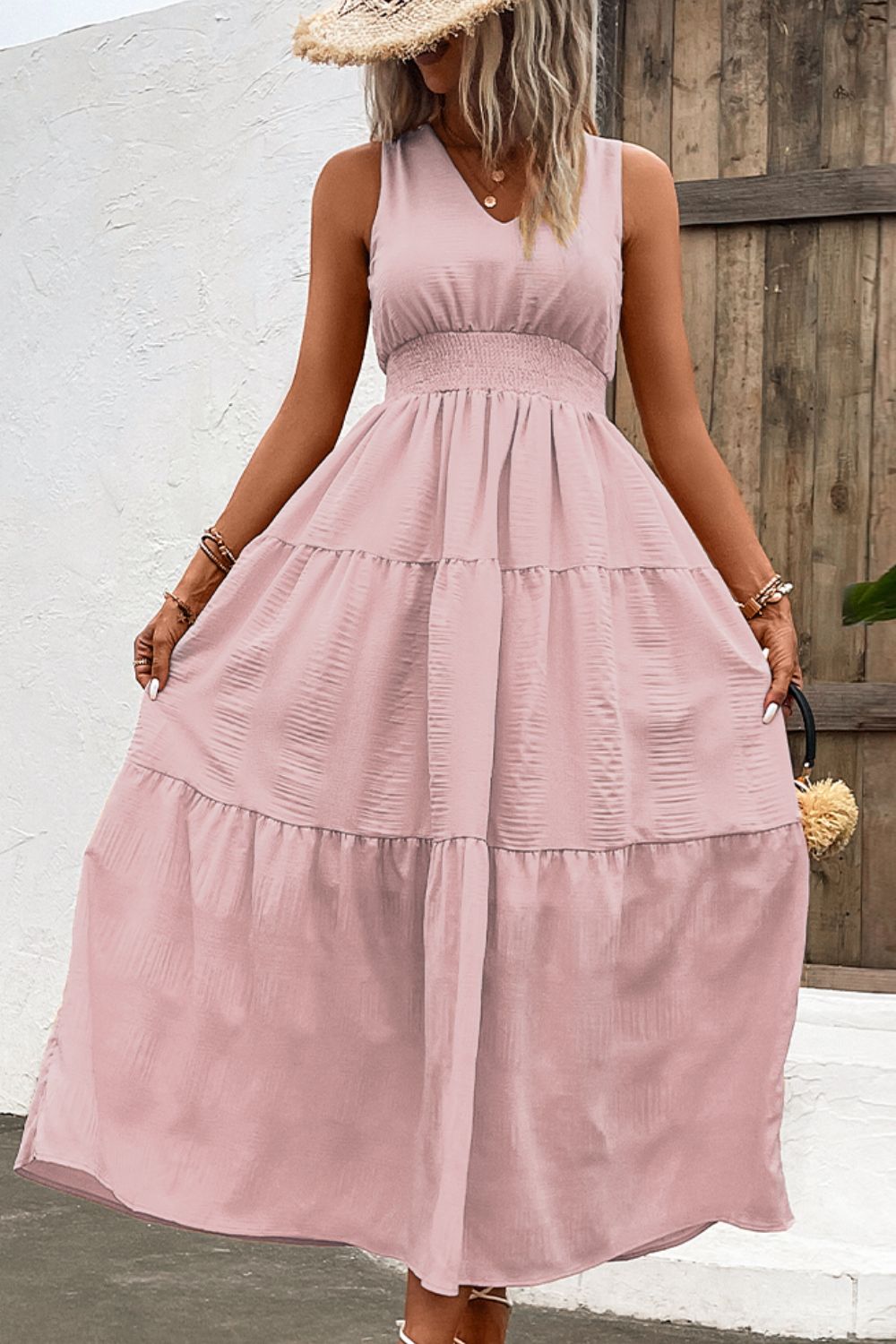 V-Neck Smocked Waist Sleeveless Tiered Dress