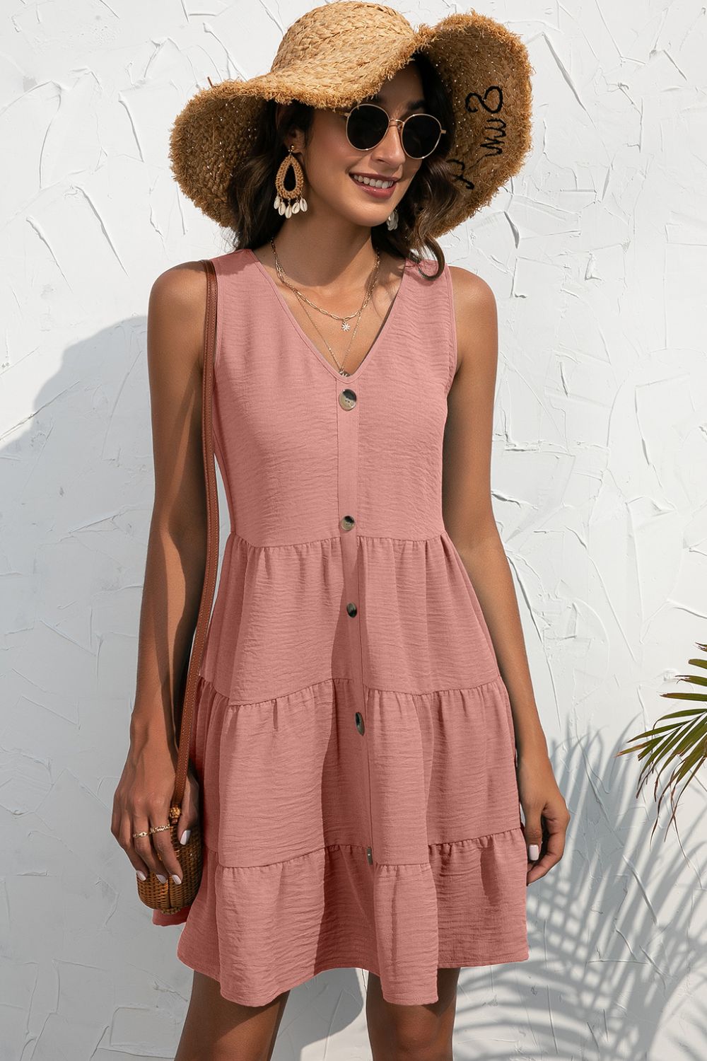 Decorative Button V-Neck Tiered Sleeveless Dress