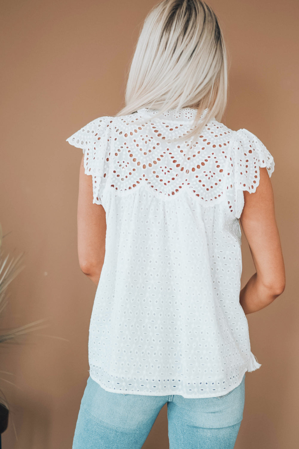 Eyelet Tassel Tie Flutter Sleeve Top