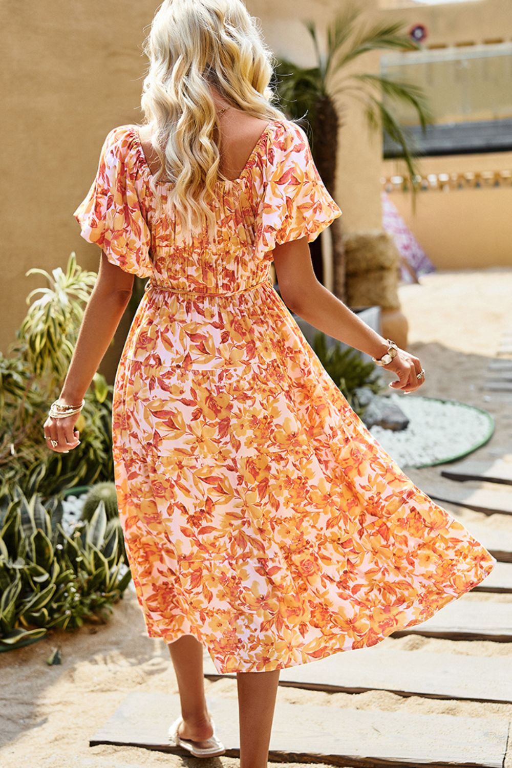 Floral Square Neck Tiered Midi Dress