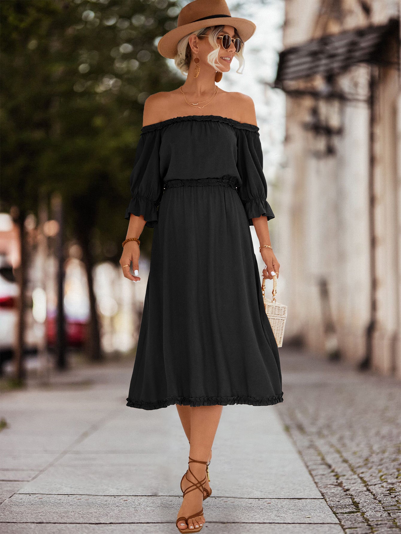 Frilled Off-Shoulder Flounce Sleeve Dress