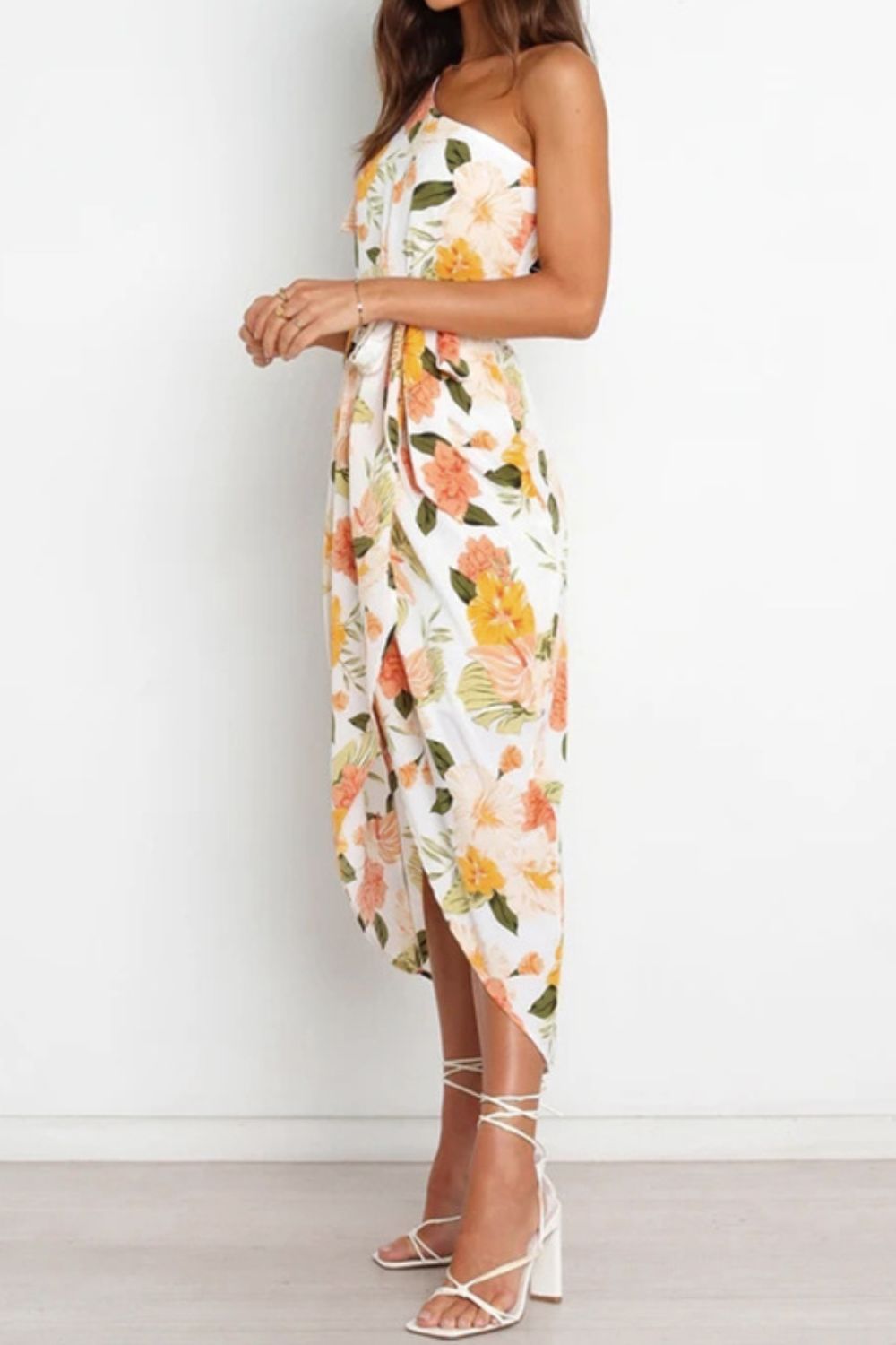 Floral One-Shoulder Tied Tulip Hem Dress