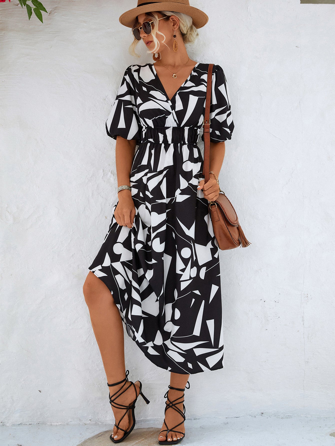 Printed Surplice Balloon Sleeve Dress