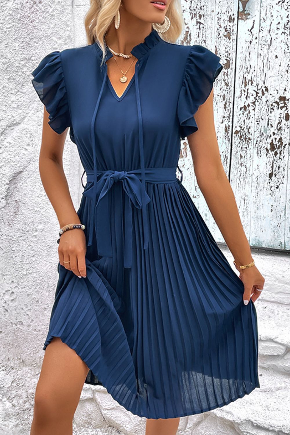 Tie Neck Belted Pleated Dress