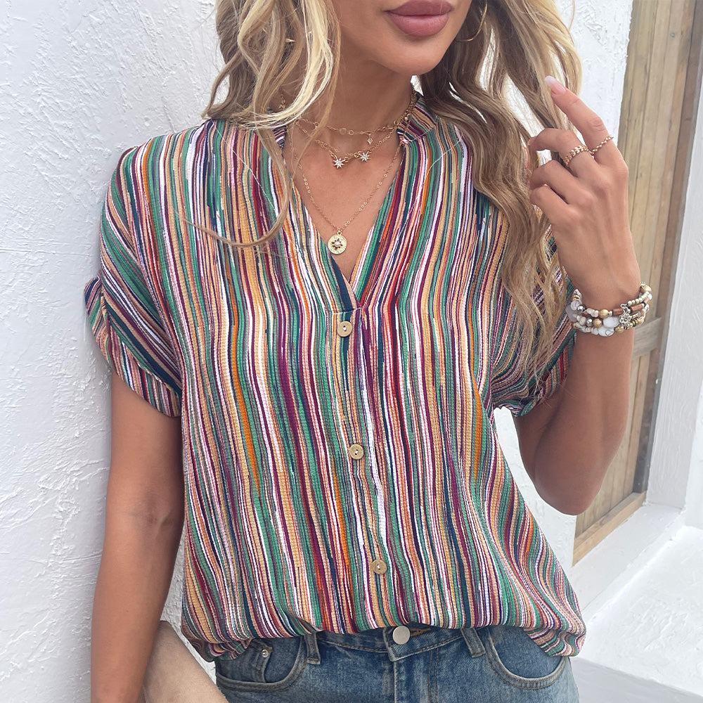 Multicolored Stripe Notched Neck Top