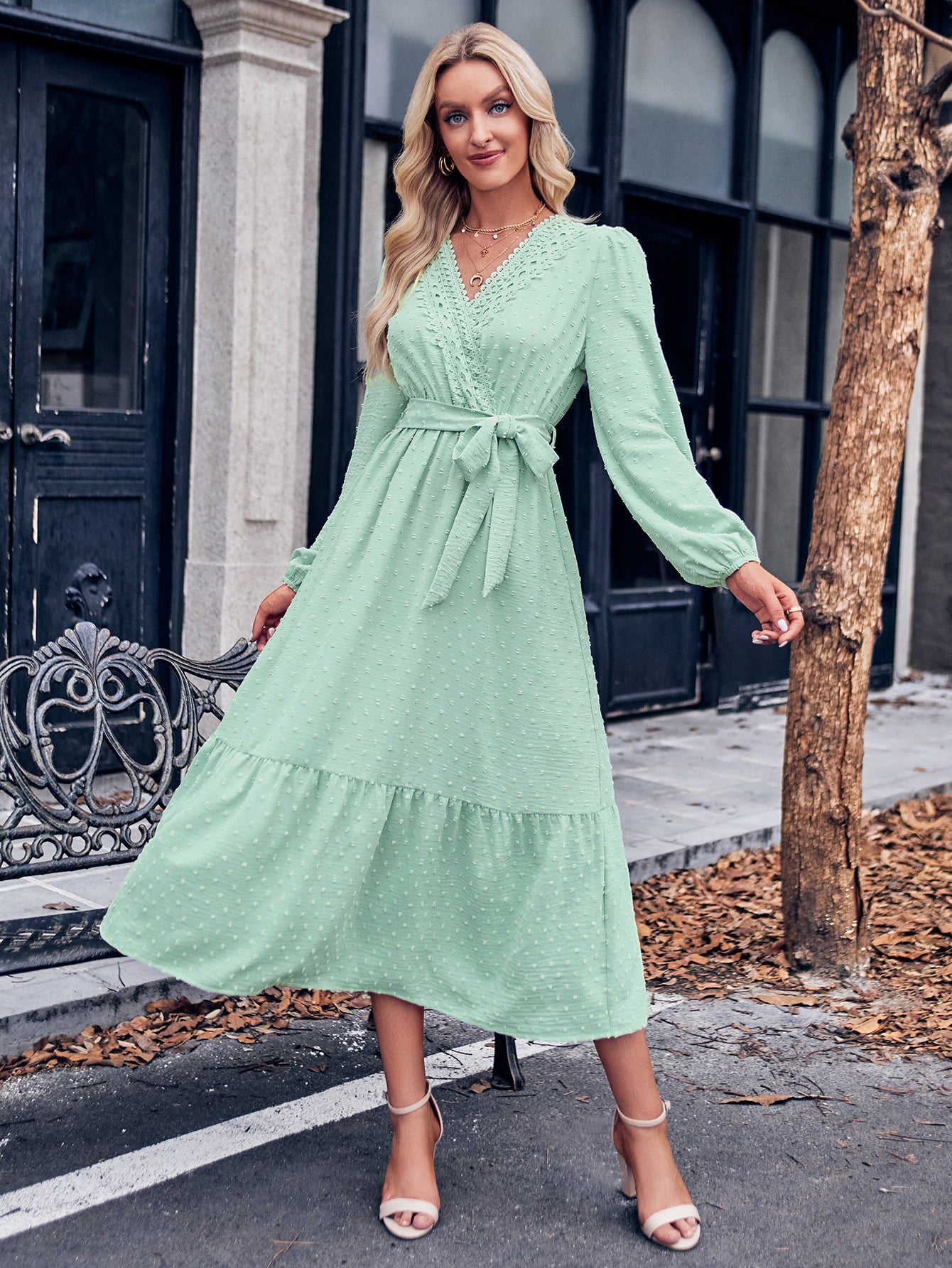 Swiss Dot Belted Surplice Puff Sleeve Midi Dress