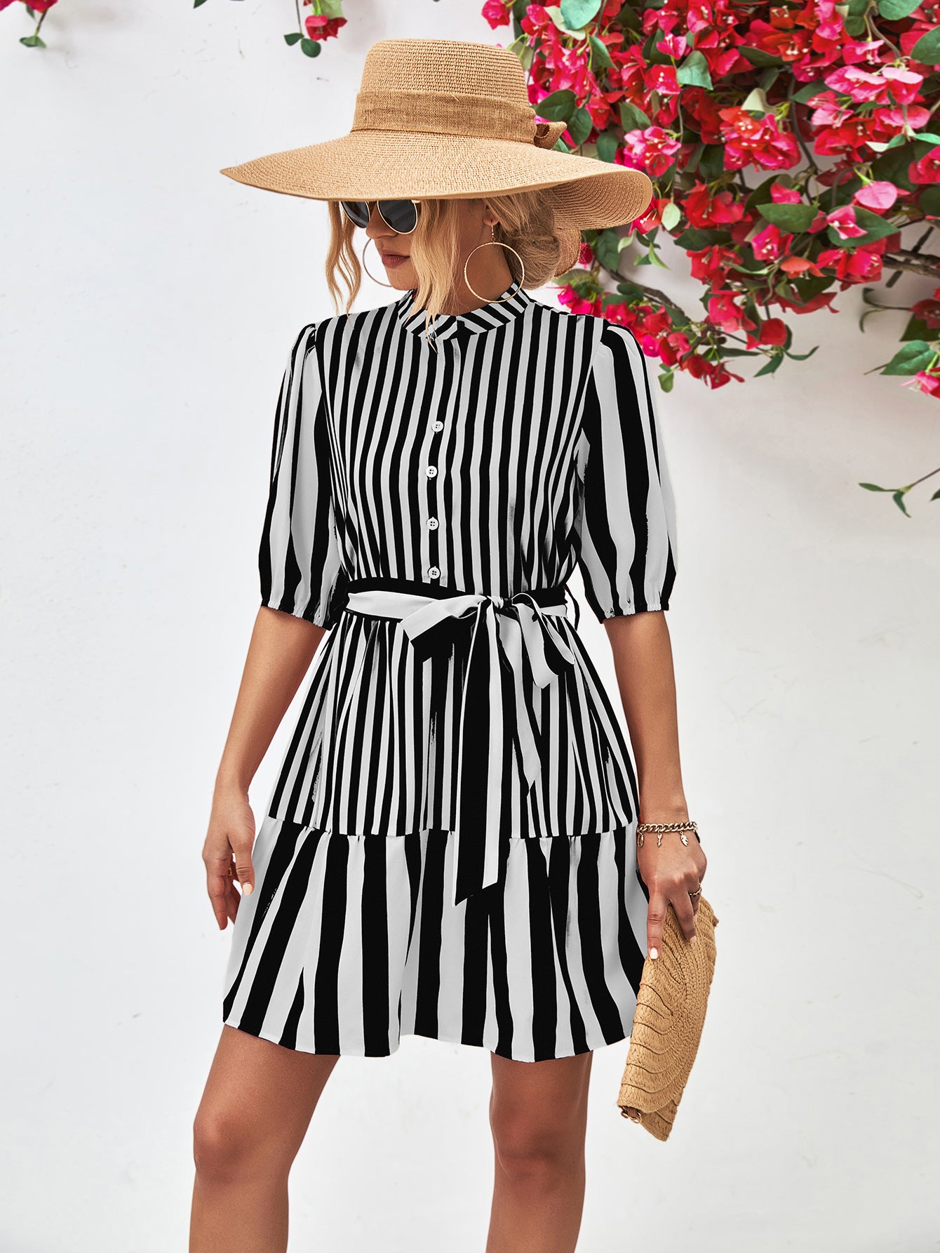 Striped Half Sleeve Tie Waist Mini Dress