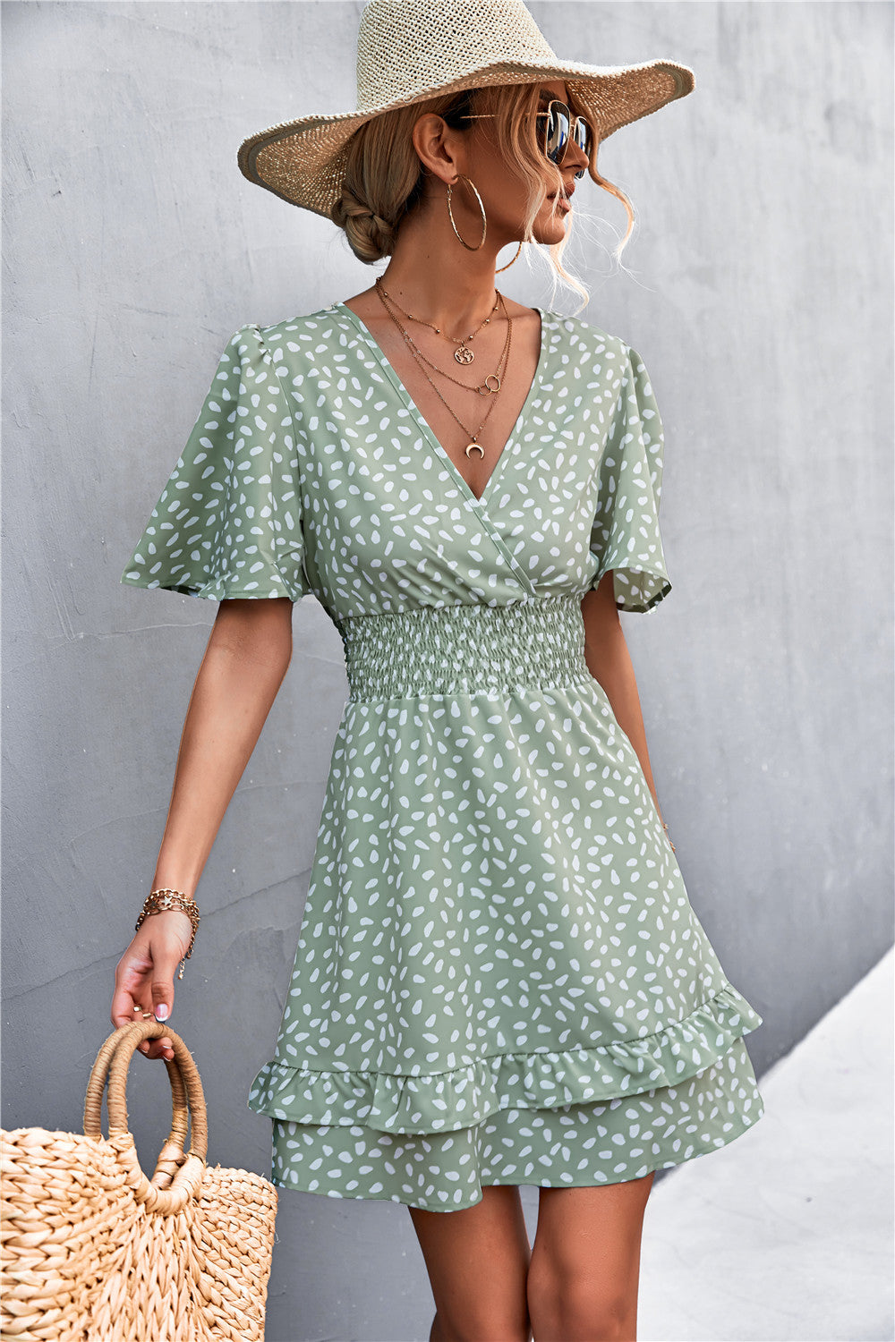 Printed Smocked Waist Layered Surplice Dress