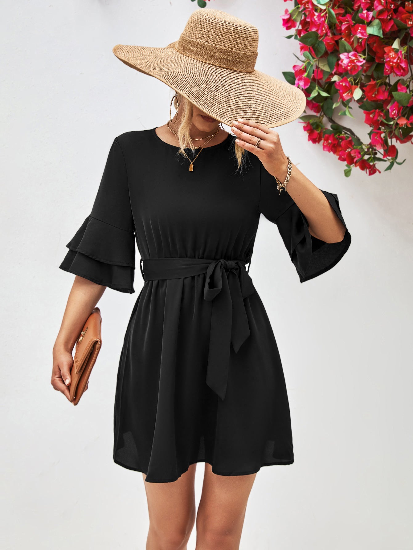 Round Neck Tie Belt Flounce Sleeve Dress